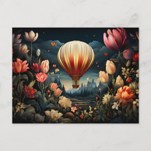 hot air balloon surrounded by flowers dark colors postcard