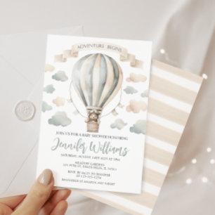 Hot air balloon teddy bear baby boy shower invitation