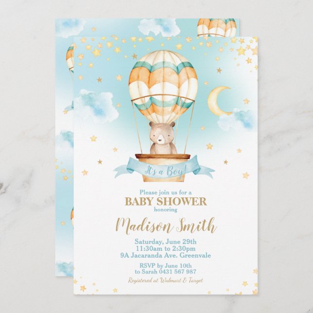 Hot Air Balloon Teddy Bear Baby Shower Boy Invitation (Front/Back)