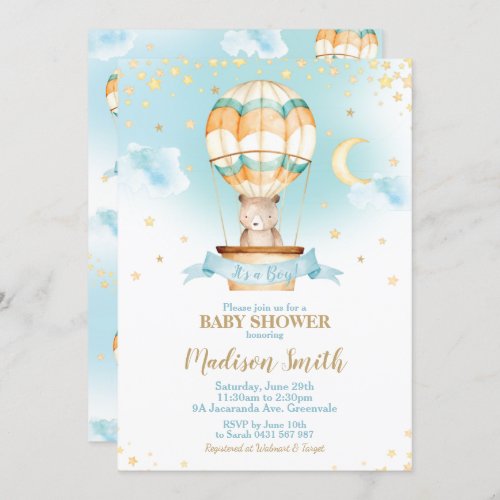 Hot Air Balloon Teddy Bear Baby Shower Boy Invitation