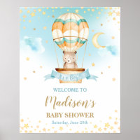 Hot Air Balloon Teddy Bear Baby Shower Boy Welcome Poster