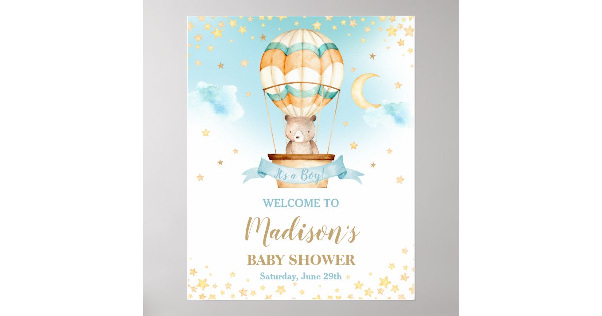 Hot Air Balloon Teddy Bear Baby Shower Boy Welcome Poster | Zazzle