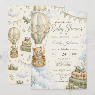 Hot Air Balloon Teddy Bear Baby Shower Invitation