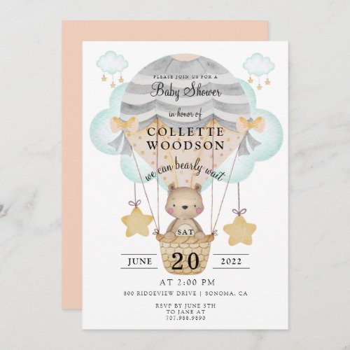 Hot Air Balloon Teddy Bear Baby Shower Peach Invitation