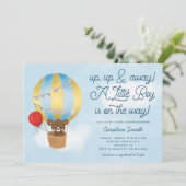 Hot Air Balloon Teddy Bear Blue Baby Shower Invitation (Standing Front)
