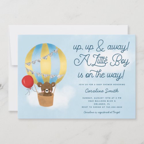 Hot Air Balloon Teddy Bear Blue Baby Shower Invitation