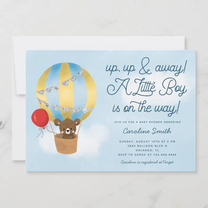 Hot Air Balloon We Can Bearly Wait Editable Invitation Baby Shower Evite Boy Baby Bear #HBG Electronic Blue Teddy Bear Baby Shower
