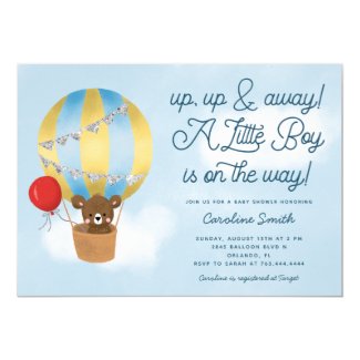 Hot Air Balloon Teddy Bear Blue Baby Shower Invitation