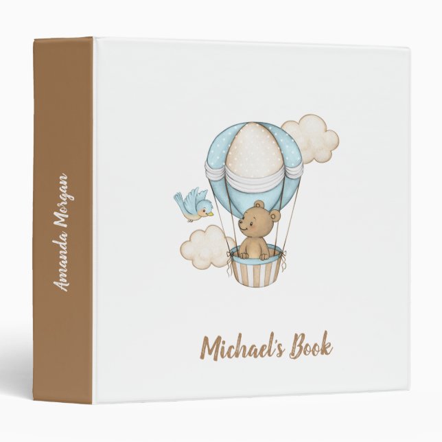 Hot Air Balloon Teddy Bear Cloud Bird Baby Shower 3 Ring Binder (Front/Spine)
