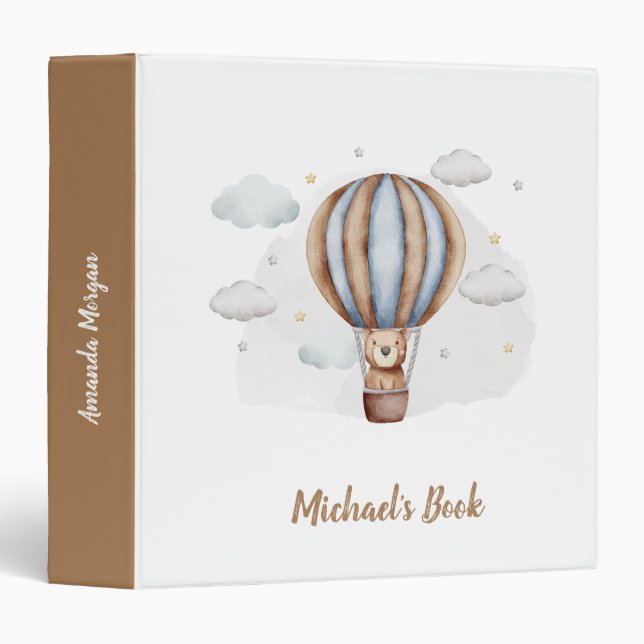 Hot Air Balloon Teddy Bear Clouds Baby Shower 3 Ring Binder (Front/Spine)