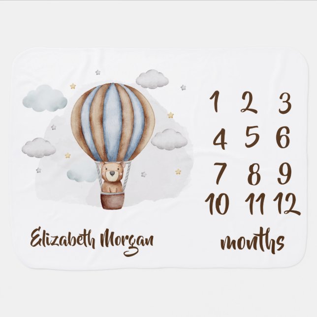 Hot Air Balloon Teddy Bear Clouds Baby Shower Baby Blanket (Horizontal)