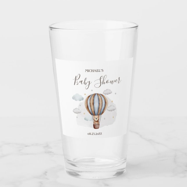 Hot Air Balloon Teddy Bear Clouds Baby Shower Glass (Front)
