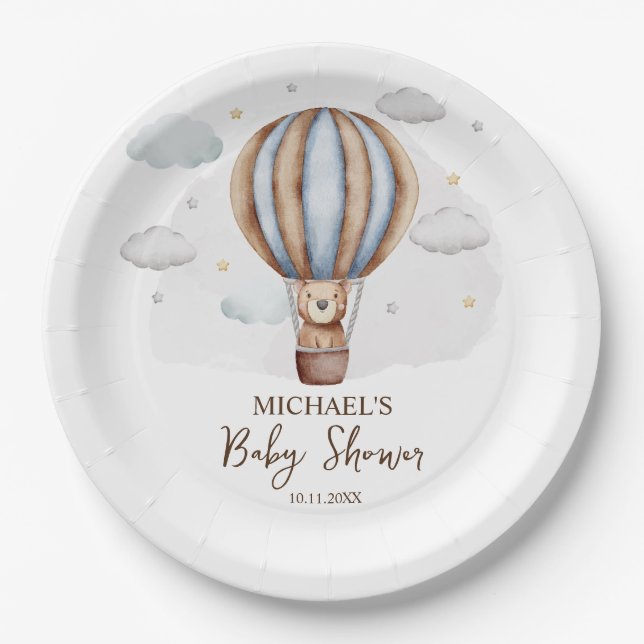 Hot Air Balloon Teddy Bear Clouds Baby Shower Paper Plates (Front)