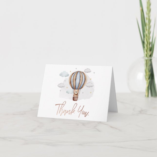 Hot Air Balloon Teddy Bear Clouds Baby Shower Thank You Card (Front)