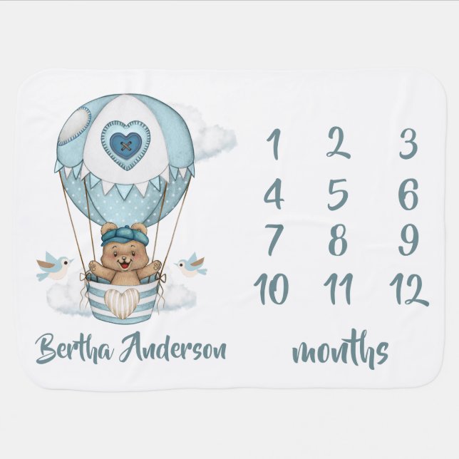Hot Air Balloon Teddy Bear Clouds Bird Baby Blanket (Horizontal)