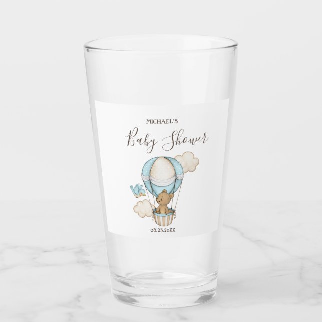 Hot Air Balloon Teddy Bear Clouds Bird Baby Shower Glass (Front)