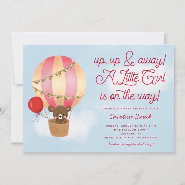 Hot Air Balloon Teddy Bear Pink Baby Shower Invitation (Front)