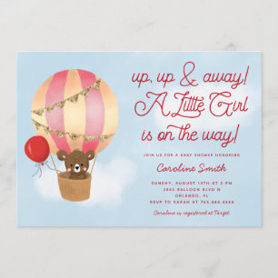 Hot Air Balloon Teddy Bear Pink Baby Shower Invitation