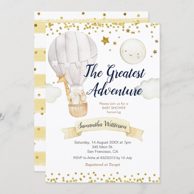 Hot air balloon the greatest adventure baby shower invitation (Front/Back)