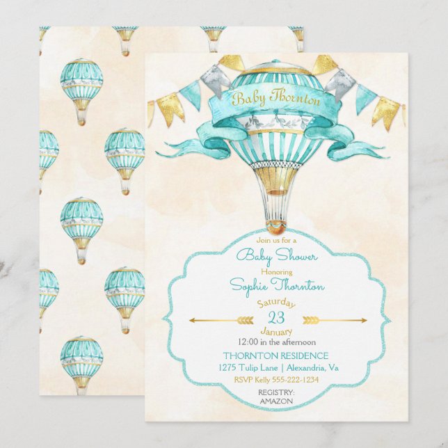 Hot Air Balloon Turquoise Gold Gender Neutral Invitation (Front/Back)