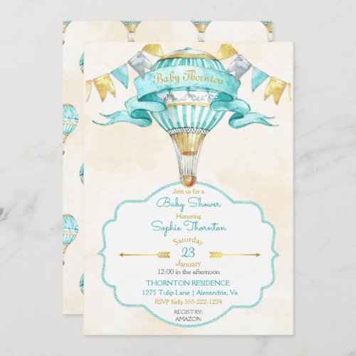 Hot Air Balloon Turquoise Gold Gender Neutral Invitation