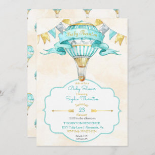 Hot Air Balloon Turquoise Gold Gender Neutral Invitation