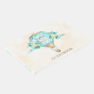 Hot Air Balloon Turquoise Gold Yellow Roses Guest Book