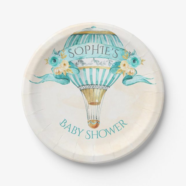 Hot Air Balloon Turquoise Gold Yellow Roses Paper Plates (Front)
