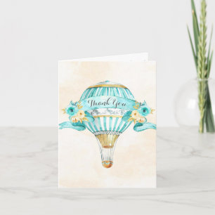 Hot Air Balloon Turquoise Yellow Arrows Roses Letterpress Thank You Card