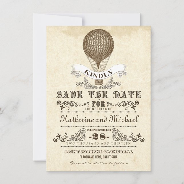 hot air balloon unique save the date cards (Front)