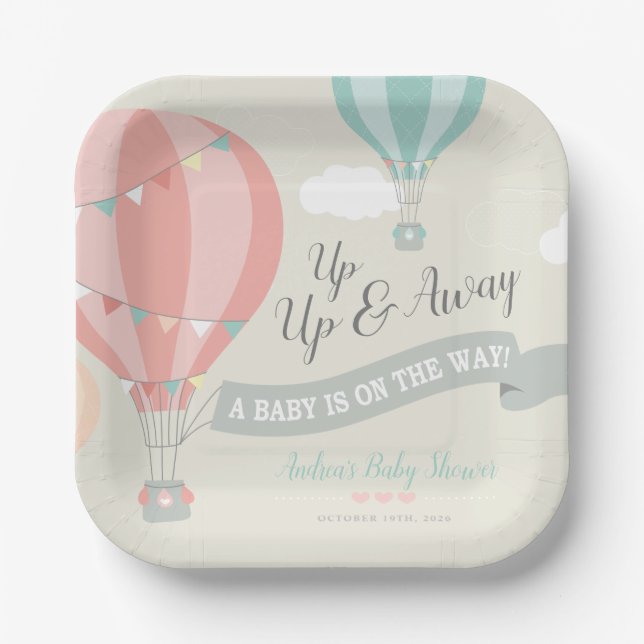 Hot Air Balloon Up & Away Baby Shower Paper Plates (Front)