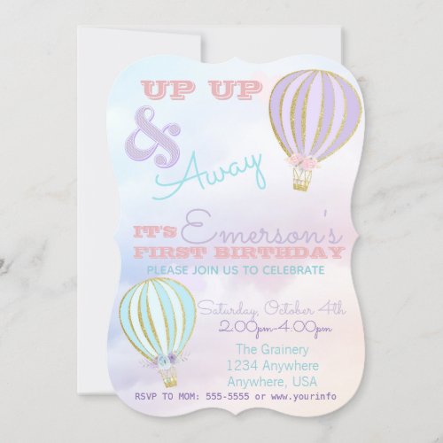 Hot air balloon up up  away birthday invitation