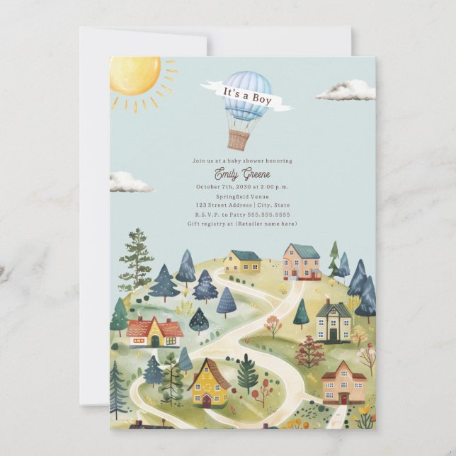 Hot Air Balloon Village Blue Boy Baby Shower Invitation (Front)