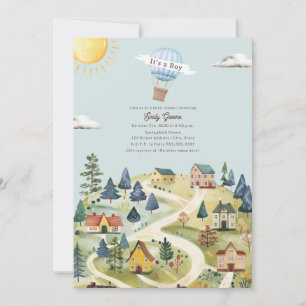 Hot Air Balloon Village Blue Boy Baby Shower Invitation