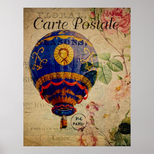 Hot Air Balloon Vintage French Postcard Poster