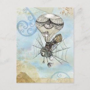 Hot Air Balloon Vintage Steampunk blue design Postcard