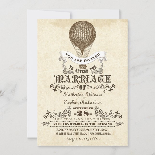 hot air balloon vintage wedding invitations (Front)