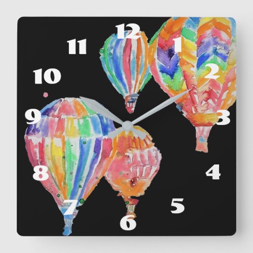 Hot Air Balloon Watercolor Black Nursery Childs Square Wall Clock