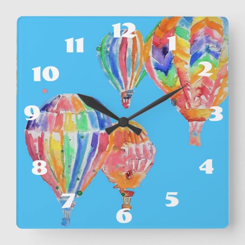 Hot Air Balloon Watercolor Blue Nursery Childs Square Wall Clock