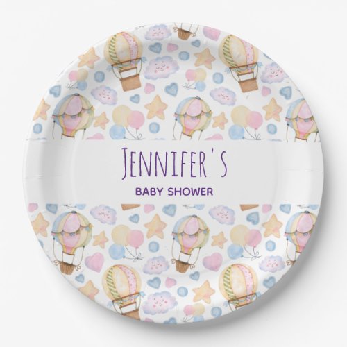 Hot Air Balloon Watercolor Pattern Baby Shower Paper Plates
