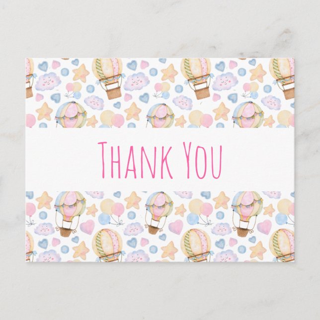 Hot Air Balloon Watercolor Pattern Thank You Postcard (Front)