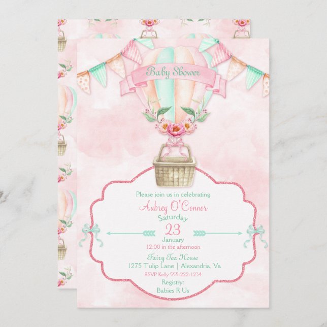 Hot Air Balloon Watercolor Pink Mint Peach Invitation (Front/Back)