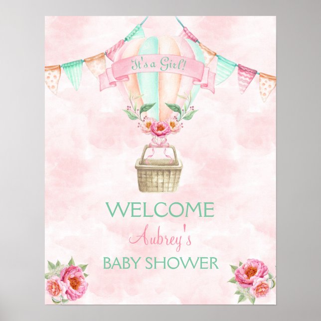 Hot Air Balloon Watercolor Pink Mint Peach Poster (Front)