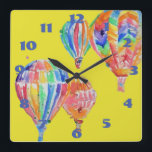 Hot Air Balloon Watercolor Yellow Nursery Childs Square Wall Clock<br><div class="desc">Hot Air Balloon Watercolor Nursery Yellow Background Childs Room Clock. Designed from my original watercolour art.</div>