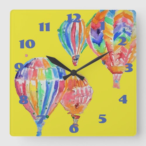 Hot Air Balloon Watercolor Yellow Nursery Childs Square Wall Clock