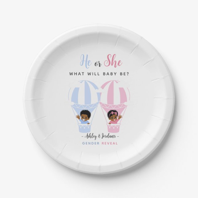 Hot Air Balloon Waving Black Baby Gender Reveal Paper Plates (Front)