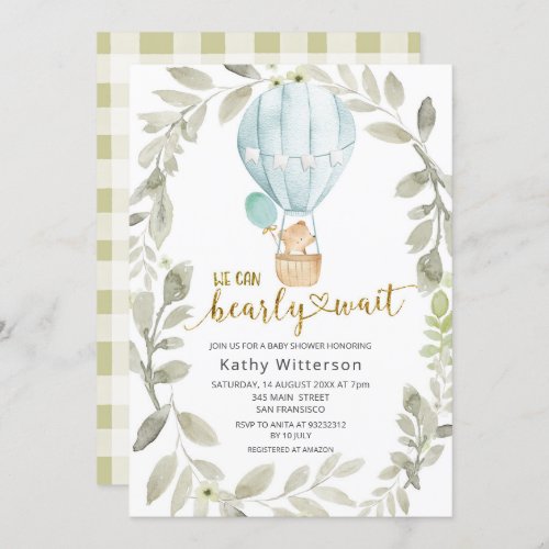 Hot Air Balloon We Can Bearly Wait Baby Shower  Invitation