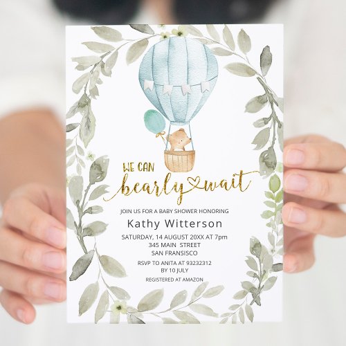 Hot Air Balloon We Can Bearly Wait Baby Shower  Invitation