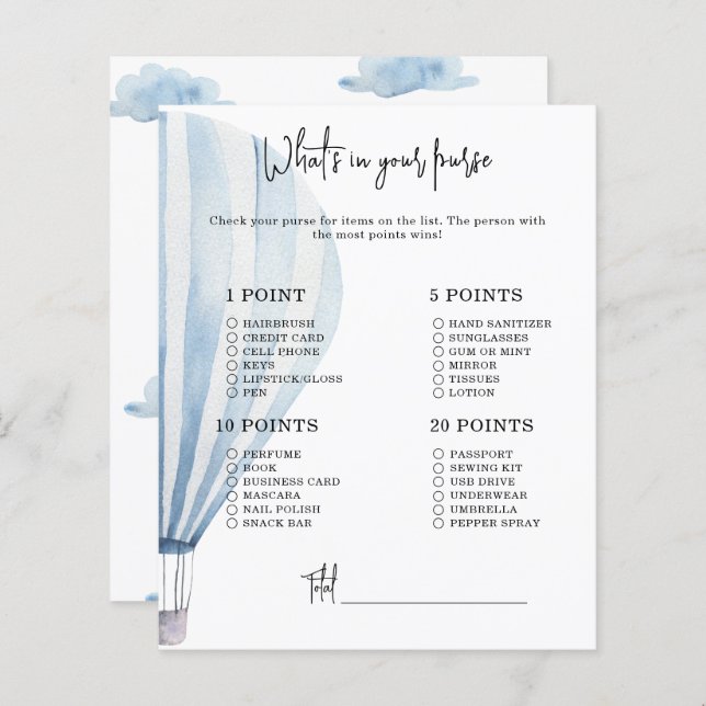 Hot air balloon - Whats in your purse baby shower (Front/Back)
