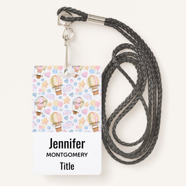 Hot Air Balloon Whimsical Watercolor Pattern Badge (Front with Lanyard)